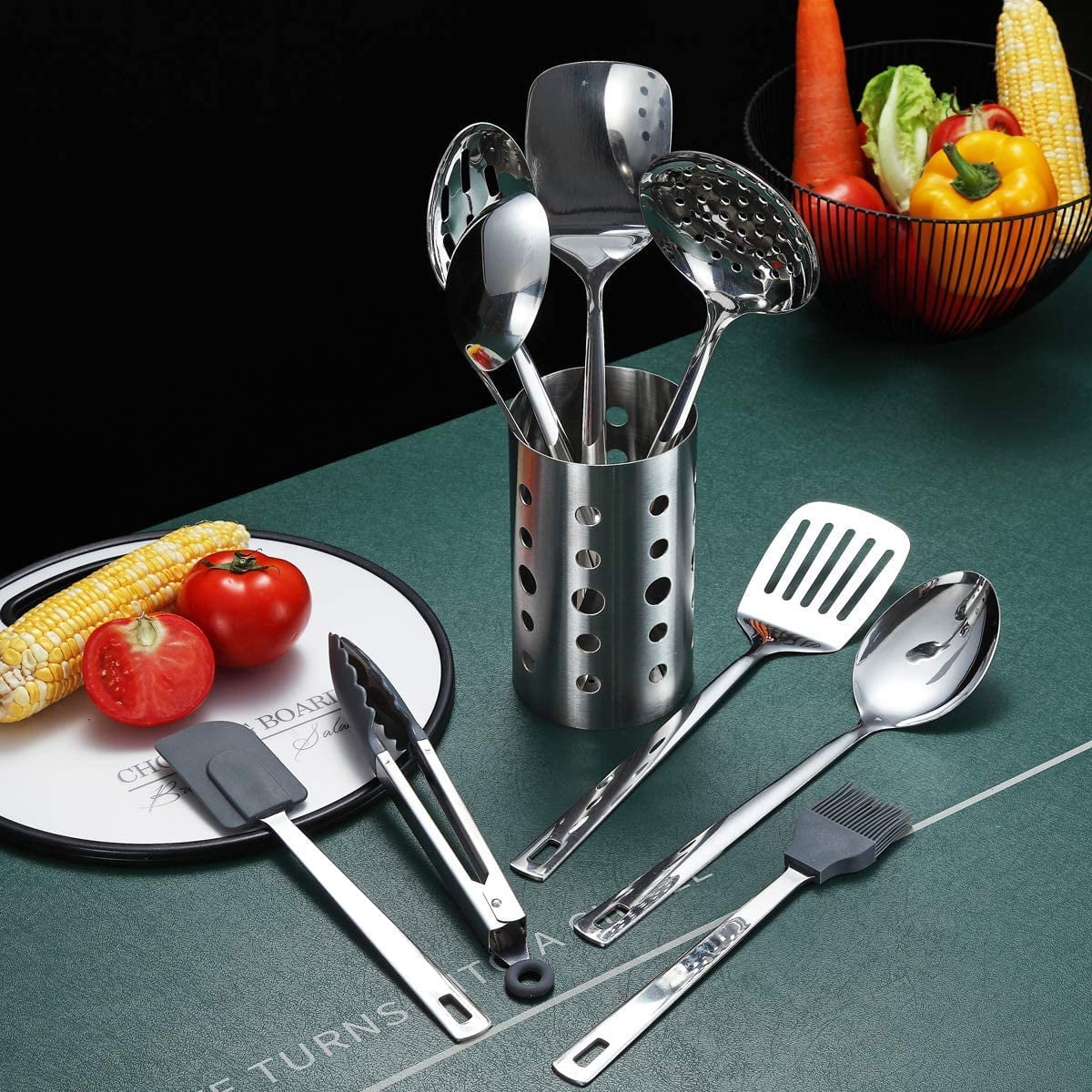 13-Piece Stainless Steel Kitchen Utensils Set with Utensil Holder