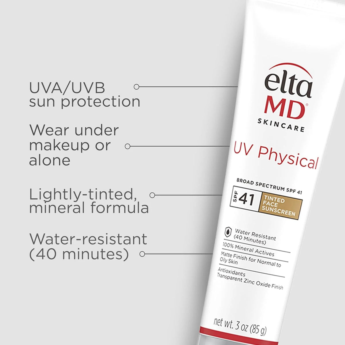 UV Physical Tinted Mineral Sunscreen for Face - SPF 41 Tinted Sunscreen for Face, 100% Mineral, 3.0 Oz Tube