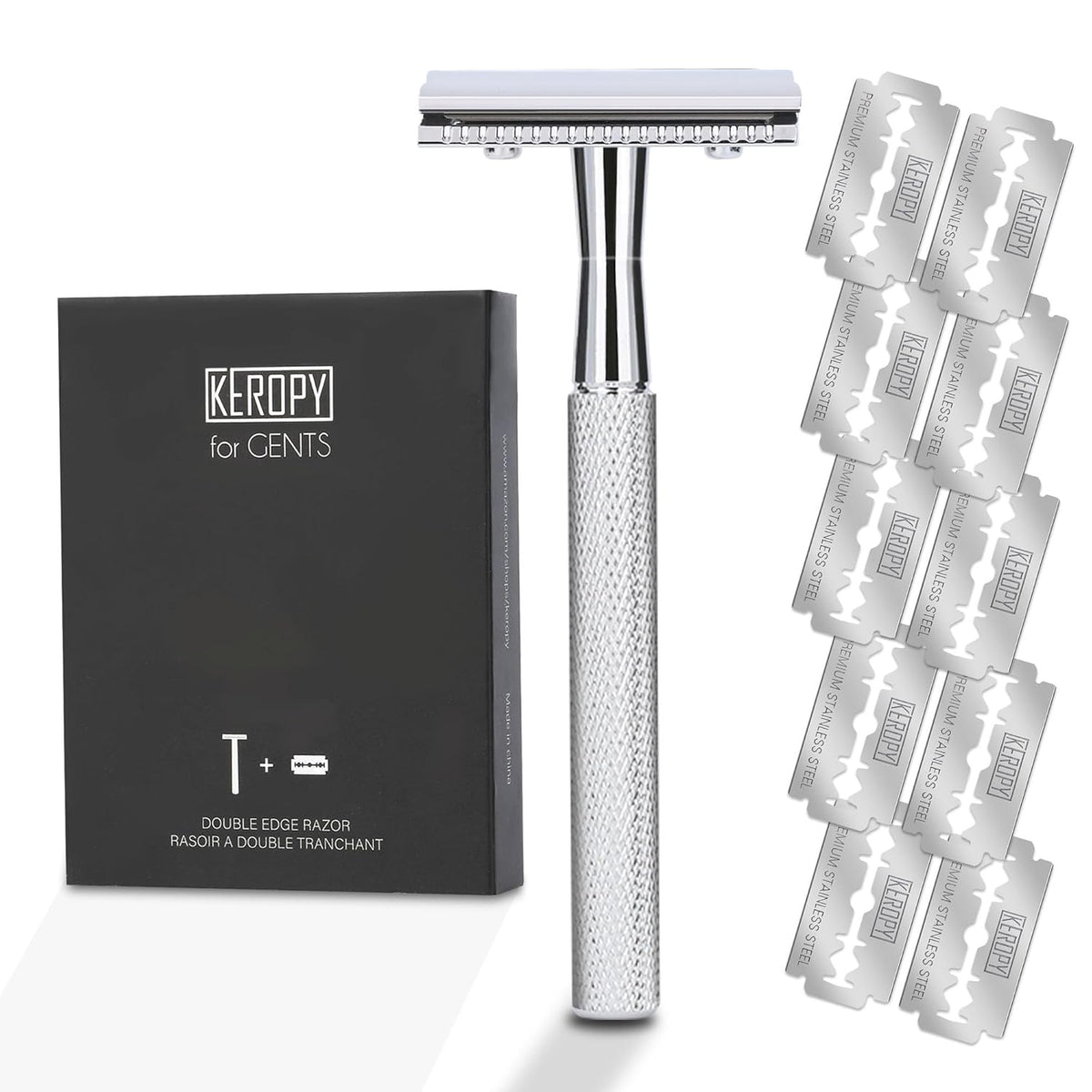 Double Edge Safety Razor with 10 Premium Stainless Steel Reusable Single Blade Razors for Men and Women, Smooth Wet Shave Experience, Glossy Silver