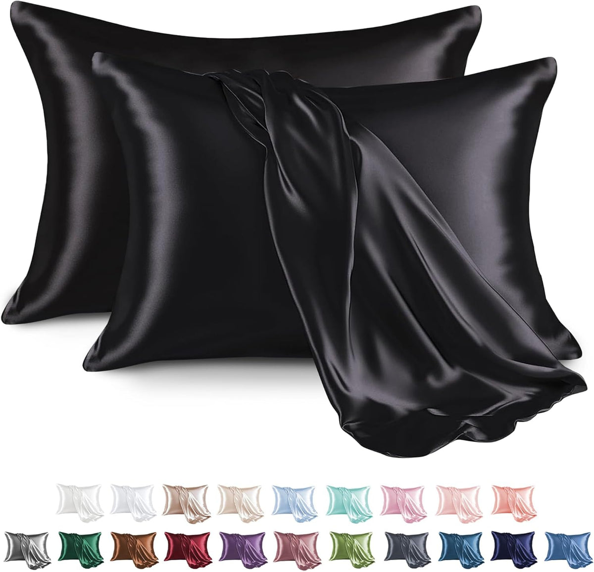 Satin Pillowcase for Hair and Skin, Silk Satin Pillowcase 2 Pack, Queen Size Pillow Cases Set of 2, Silky Pillow Cover with Envelope Closure (20X30, Black)