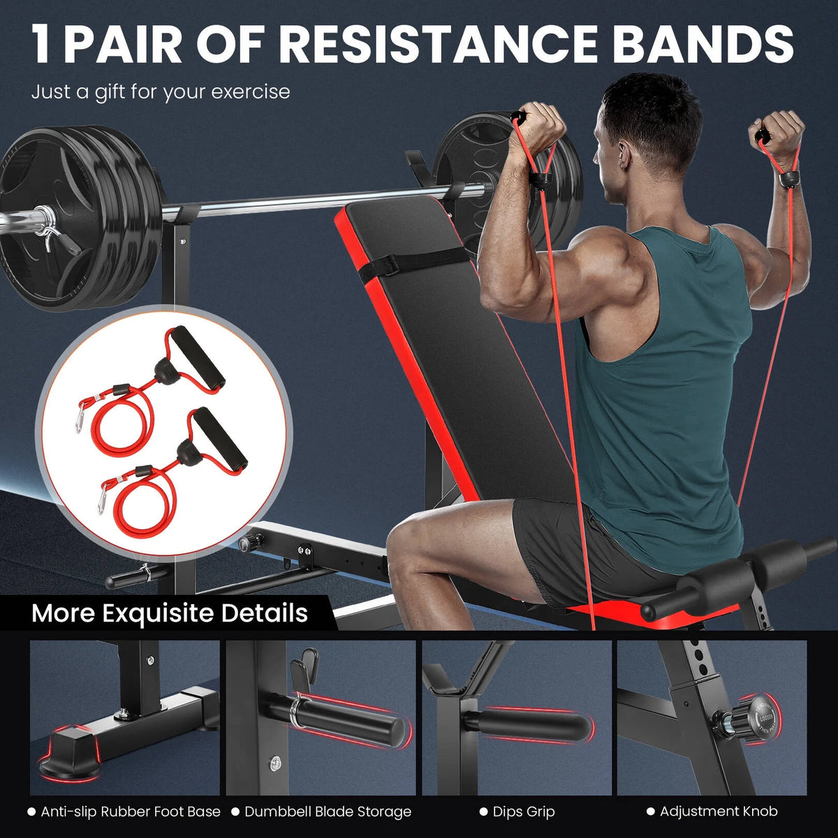 Adjustable Weight Bench Set 6 in 1 Bench Press Workout Bench with Barbell Rack Removable Foot Bracket, Pairs of Resistance Bands for Home Gym Training