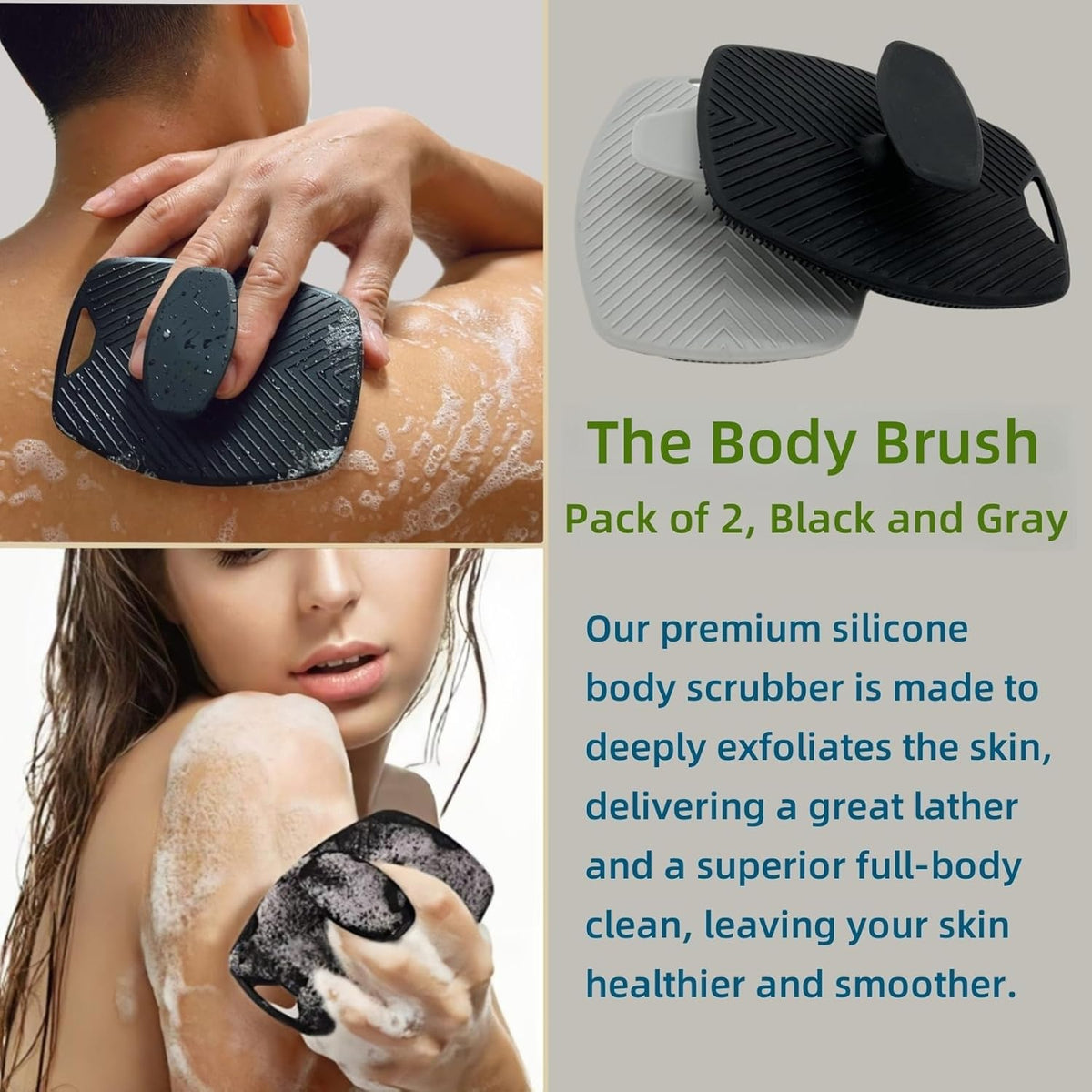Food-Grade Silicone Body Scrubber, Highly Elastic Bristles Handheld Brush for Shower, Lather Well and Gentle Exfoliating, Makes Skin Smooth, for Women and Men, 2 Pack, Black and Gray