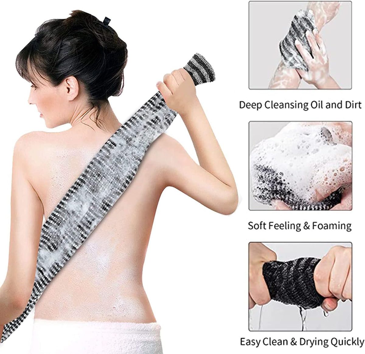 Exfoliating Body Scrubber, Back Scrubber for Shower Bath, Japanese Scrub Wash Cloth, Exfoliating Washcloth Towel for Men Women, Body Exfoliator Loofah Luffa Sponge Net Rag Back Washer (Black)