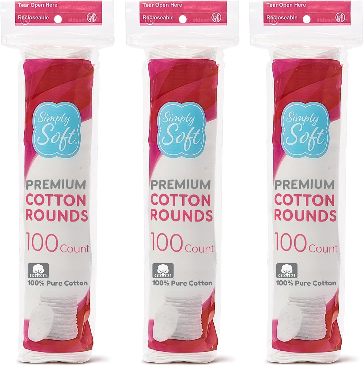 Simply Soft Cotton Rounds (300 Count), 100% Cotton Absorbent and Textured Cotton Pads, Lint-Free