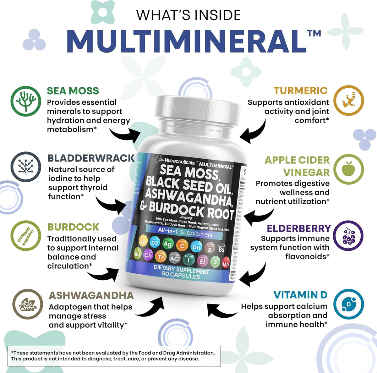 Sea Moss Black Seed Oil Ashwagandha Turmeric Bladderwrack Burdock & Vitamin C Vitamin D3 with Elderberry Manuka Dandelion Yellow Dock Iodine Chlorophyll ACV