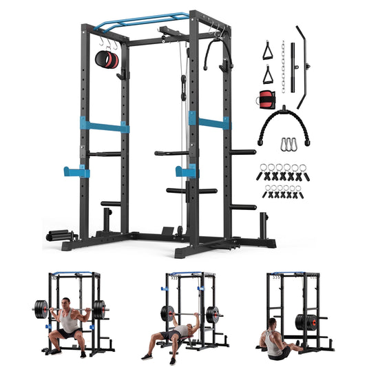Power Cage, 1200Lbs Multi-Function Power Rack with Lat Pulldown and Pulley System and More Training Attachment, Weight Cage for Home Gym
