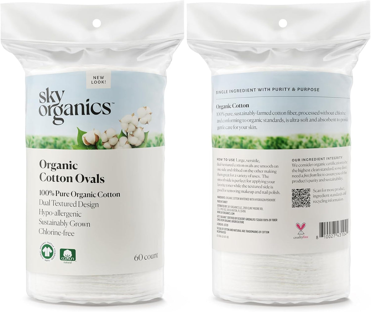 Organic Large Oval Cotton Pads, 100% Pure Organic Cotton, GOTS Certified Cotton, Dual Textured Design, for Makeup Removal, Cleansing, Toner Application W Ebook