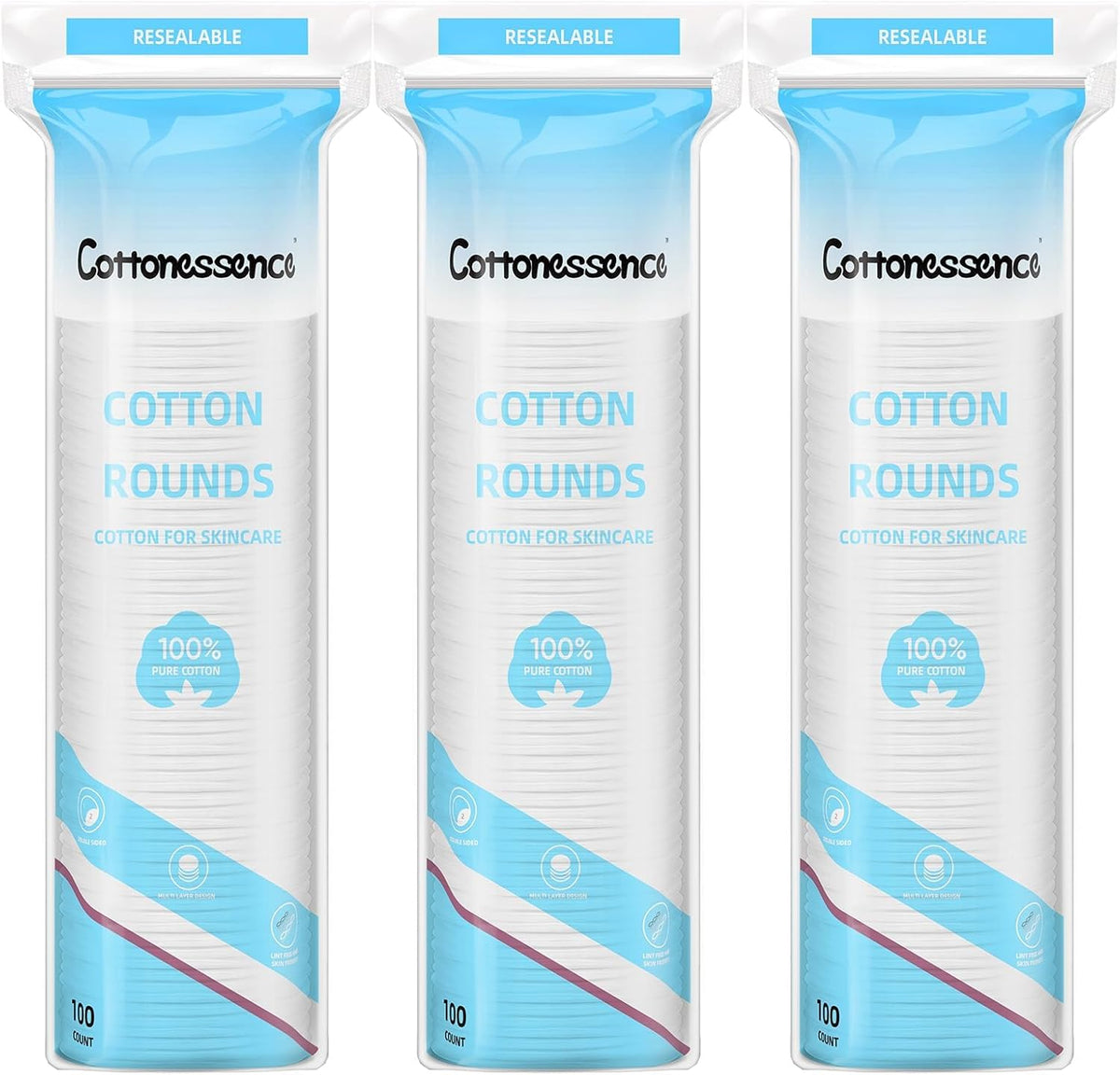 Cotton Rounds for Facial Cleansing and Nail Polish Removal - 100% Pure Cotton, Hypoallergenic Makeup Remover Pads, Lint-Free Multi-Layer Design (100 Count, Pack of 3)