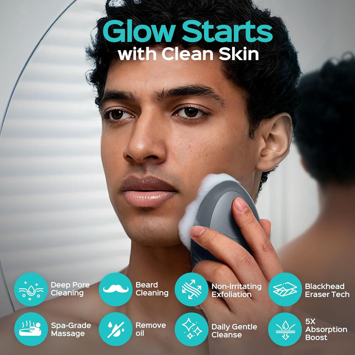 Silicone Face Scrubber for Men: 5 Cleansing Modes Facial Cleansing Brush for Beard Care, Sensitive Skin - Deep Cleansing​ & Gentle Exfoliating, Waterproof Portable for Shower & Travel, Grey