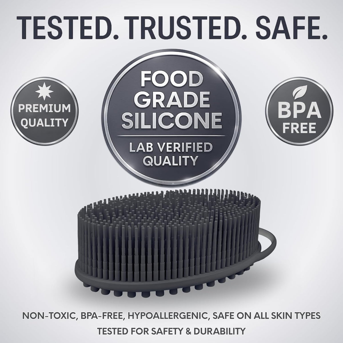 Silicone Body Scrubber – Gentle Shower Brush & Loofah Alternative- Food Grade & Lab Tested – Fast-Drying, Hygienic, Bpa-Free Silicone Body Gentle Exfoliator (Dark Gray, Massage)