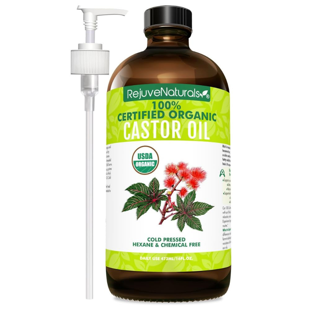 Castor Oil (16Oz Glass Bottle) USDA Certified Organic, 100% Pure, Cold Pressed, Hexane Free. Boost Hair Growth for Thicker, Fuller Hair, Lashes & Eyebrows.