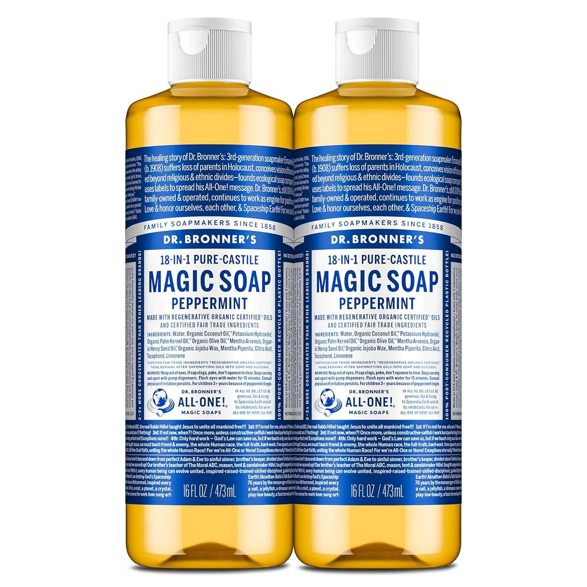 Magic Soap-Pure-Castile Liquid Soap (Peppermint, 16 Ounce, 2-Pack)-Regenerative Organic Certified Oils, 18-In-1 Uses: Body, Hair, Laundry, Pets & Dishes, Concentrated, Vegan, Non-Gmo