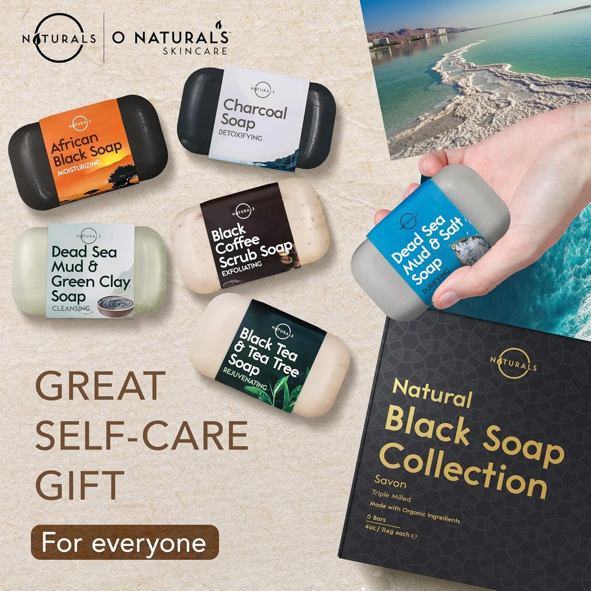 100% Natural Bar Soap - Gift Set - Organic Ingredients & Essential Oils - Spa Gifts for Women & Men, Body Wash & Face Soap - 6PC Black Soap Collection