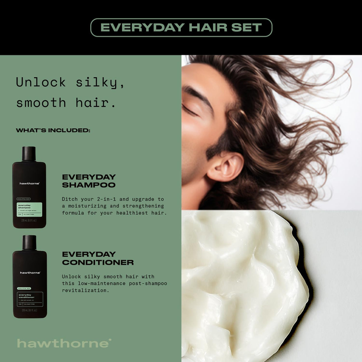 Men'S Everyday Shampoo and Conditioner Set. Sulfate Free Shampoo and Conditioner with Pure Avocado Oil and Coconut Oil for Stronger, Healthier Hair. Mint and Eucalyptus Scent. 8 Fl. Oz Each.
