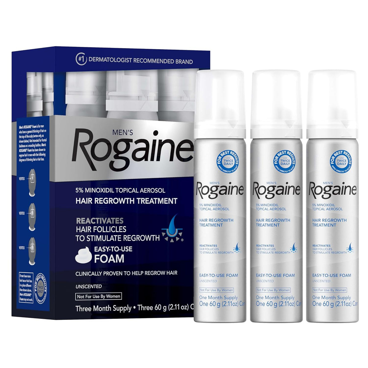 Men’S  5% Minoxidil for Men Foam, Clinically Proven Regrowth for Thinning Hair, Topical Hair Loss Treatment, Unscented Topical Aerosol, Results in 8–16 Weeks, 3-Month Supply, 3 X 2.11 Oz