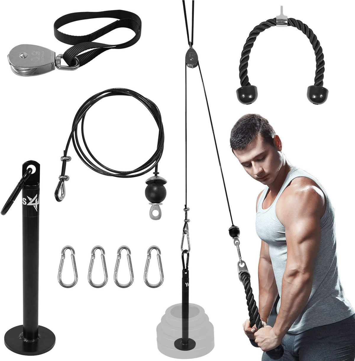 Weight Plate Loading Pin 1 Inch and 2 Inch, Fitness LAT Cable Pulley System Gym, Heavy Duty Gym Equipment for Home with Tricep Rope Cable Attachment