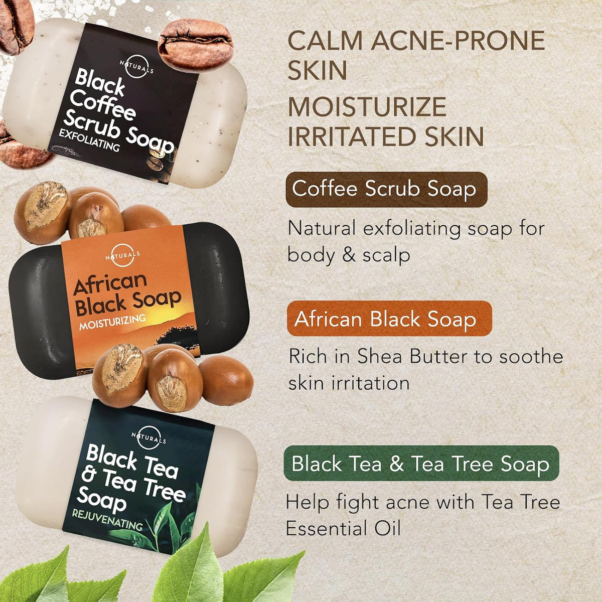 100% Natural Bar Soap - Gift Set - Organic Ingredients & Essential Oils - Spa Gifts for Women & Men, Body Wash & Face Soap - 6PC Black Soap Collection