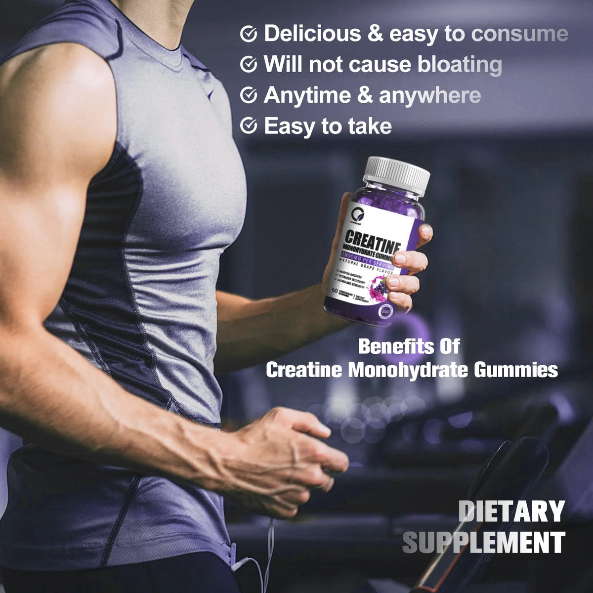 Creatine Monohydrate Gummies for Women & Men, Boost Focus, Strength, and Endurance, Gluten-Free, Non-Gmo, 4 Grams of Creatine per Serving , 60 Gummies